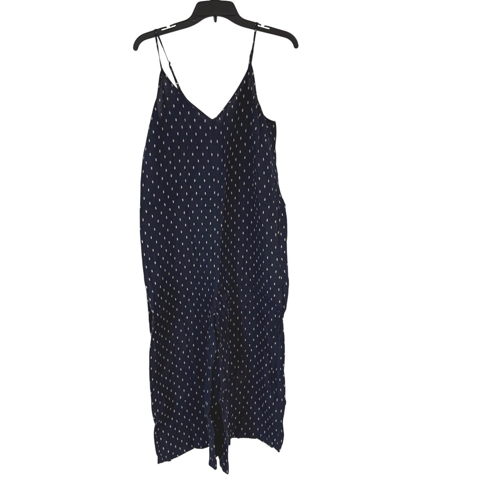 Athleta linen wide leg spaghetti strap v-neck jumpsuit navy and white size 8‎